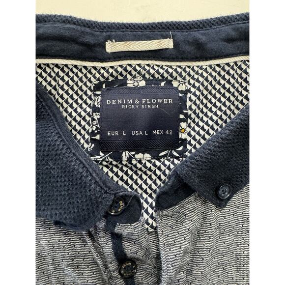 Denim & Flower Polo Shirt Medium Adult Blue Gray Pocket Casual Mens L - Picture 3 of 4